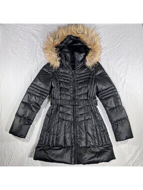 GUESS Los Angeles Women's S Black Belted Long Puffer Coat Fur Trim Hood